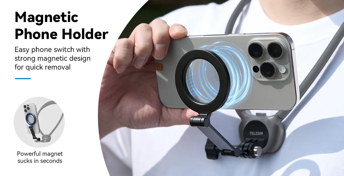 TELESIN 2-in-1 Magnetische Telefon-Actionkamera-Halshalterung für GoPro Insta360 DJI OSMO Action Universelle Actionkamera-Telefonhalterung – Detail 9