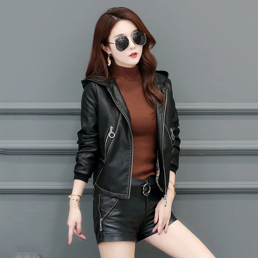 New Women Hooded Leather Jacket Spring Autumn Casual Fashion Long Sleeve Loose Split Leather Outerwear Short Sheepskin Tops Coat new denim jacket women spring and autumn fashion hole short coat coat women loose solid color long sleeve denim jacket