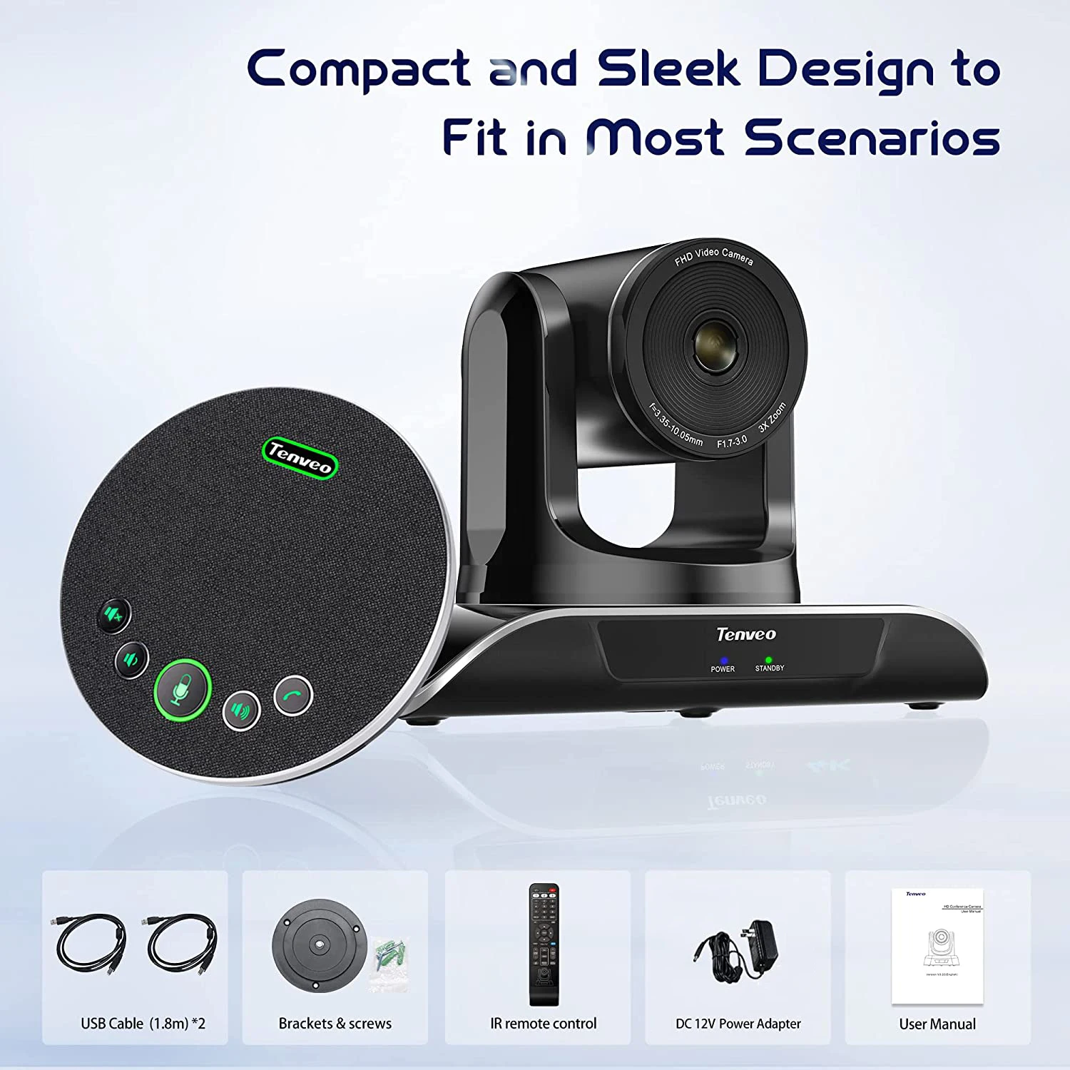 Tenveo Video Conference System 3X PTZ Camera Conference Room Camera 3X Optical Zoom + USB Speakerphone for Skype Zoom OBS Teams
