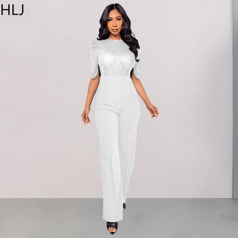HLJ Elegant Office Lady Sequin Splicing Party Jumpsuits Women O Neck Short Sleeve Slim Straight Pants Playsuits Fashion Overalls
