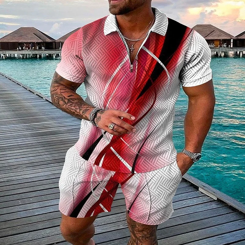 Men's Business Casual Set Summer Zipper Polo Neck T-shirt+Beach Pants 2-Piece 3D Printed Checkered Line Gradient Color Men's Set