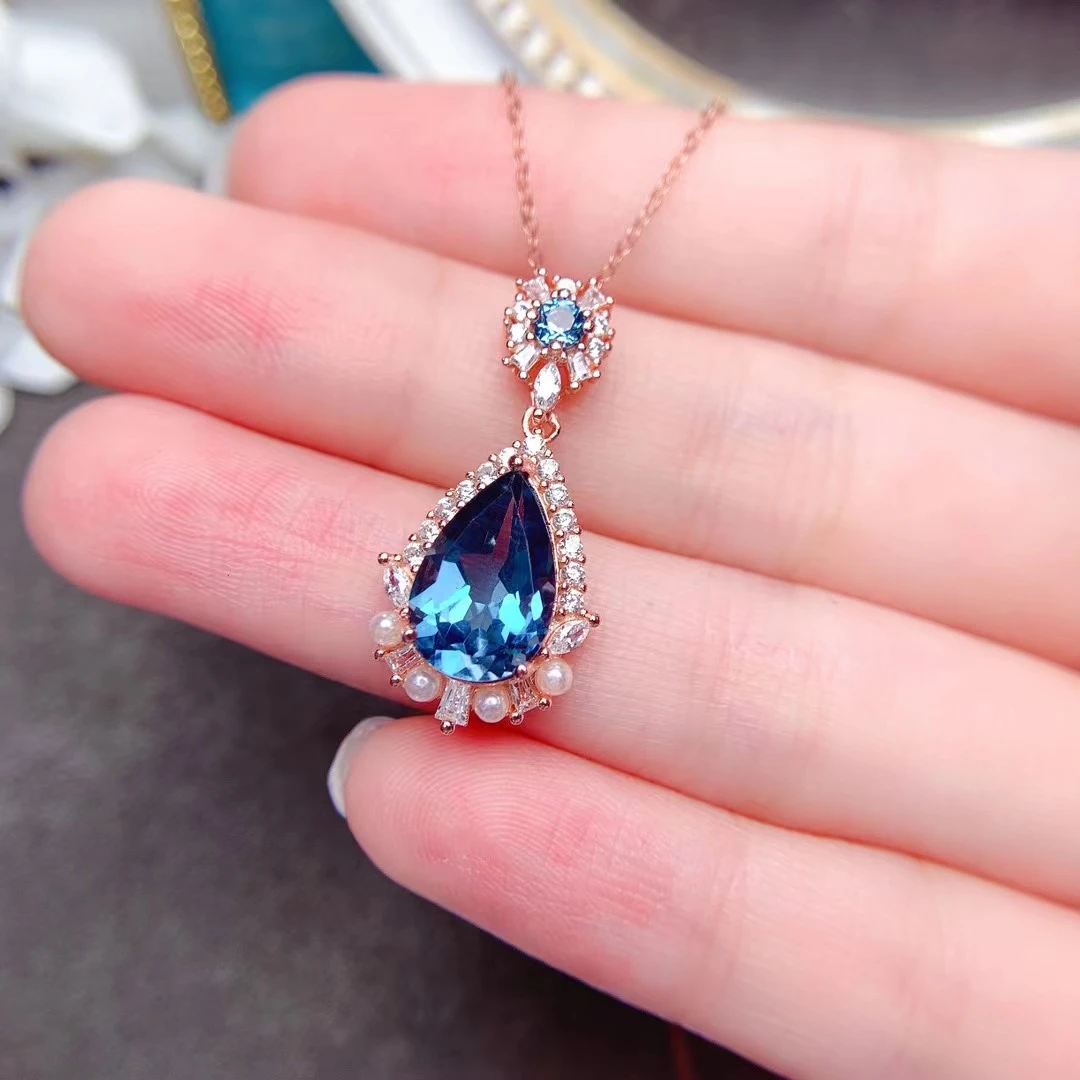 

MeiBaPJ London Blue Natural Topaz Gemstone Water Drop Pendant Necklace 925 Pure Silver Fine Jewelry for Women