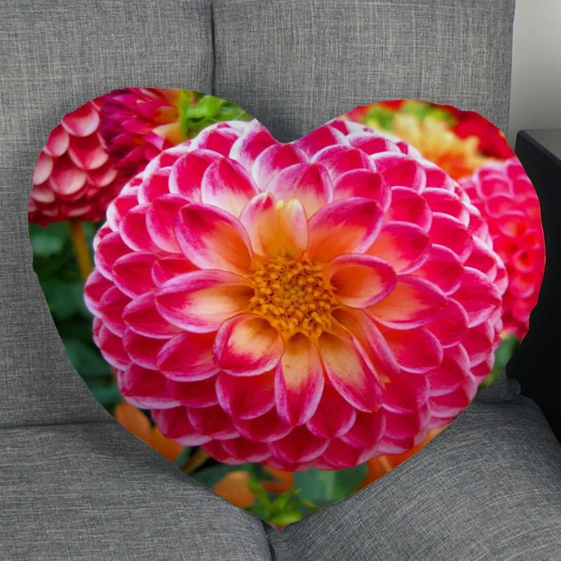Custom Dahlia Fower Pillowcase Heart Shape Zipper Pillow Cover Home Office Wedding Decorative Gift Size 41x36cm,47x42cm 1007 6