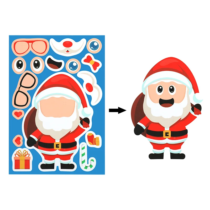 8/16Sheets Christmas Puzzle Stickers Santa Snowman Xmas Tree Make a Face Sticker Kids Party Favors Toy Gift New Year Decoration