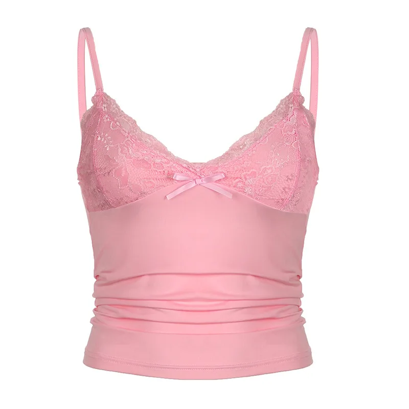 

Cute Camis Pink Crop Top Women Summer Lace Patchwork Bow Decoration Slim Cropped Tops for Sweet Girls Kawaii Clothes