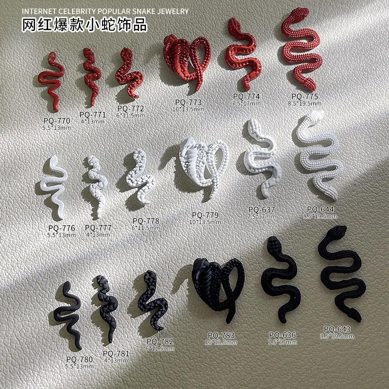 10PCS 2025 New Year Cute Little Snake Red Black White Spary Painted Alloy Nail Art Rhinestones Decorations Manicure Ornaments
