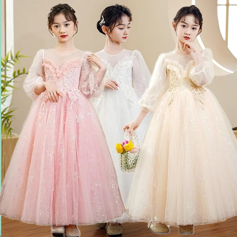 

Bridesmaid Girl Wedding Party Dress Elegant Girl Sequin Gala Long Gown Children Beading Birthday Princess Costume Teen Vestidos