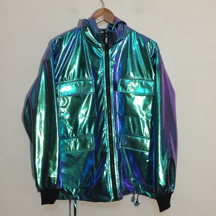 

Laser Hologram Metallic Coating Cool Man Boy's Chic Fashion Hooded Jacket Stage Show Live Dance Music Festival Costumes Guitar