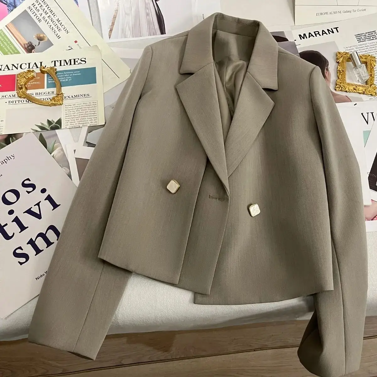 2023 Spring and Autumn New Grey Green Suit Coat Women's Spring Wear Short Casual Suit  blazer feminino