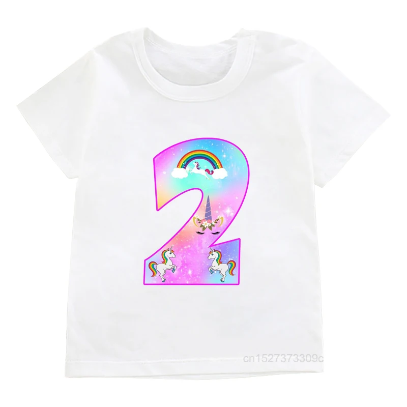 

Girls T-Shirt Cute Rainbow Unicorn Birthday Gift Number 1-9 Years Old Print Kids Birthday Party Costume Fashion T Shirt Tops