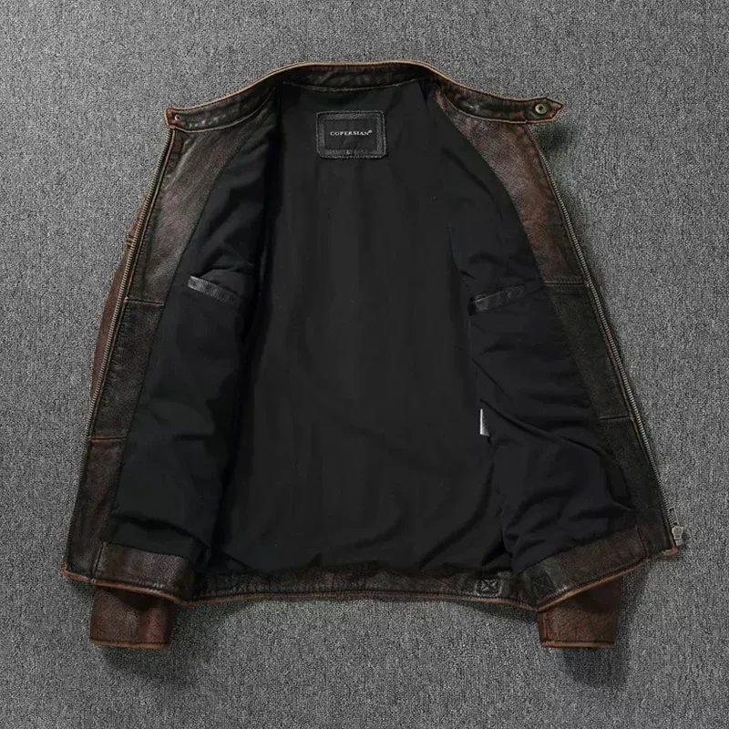 Vintage Real Cowhide Leather Jacket for Men Motorcycle