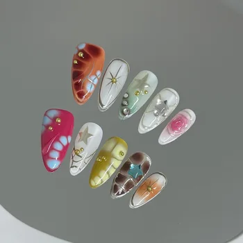 10PCS Dreamy Colorful Handmade Almond Press on Nails Dopamine Blush Flowers Star Patterns False Nails Ins French Style Fake Nail