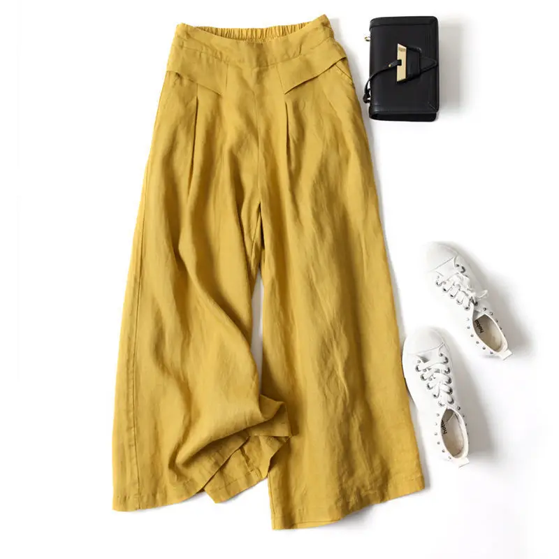 2023 Summer Women Pants Elastic Waist Cotton Linen Casual Solid Loose Wide Leg Skirt Pantalon Lino Mujer Брюки