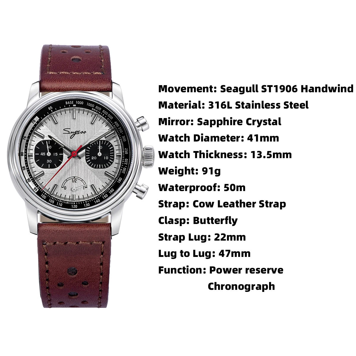 Sugess Orologio Meccanico Cronografo Uomo - Movimento Gabbiano ST1901, Vetro Zaffiro, Impermeabile 5ATM, Pelle