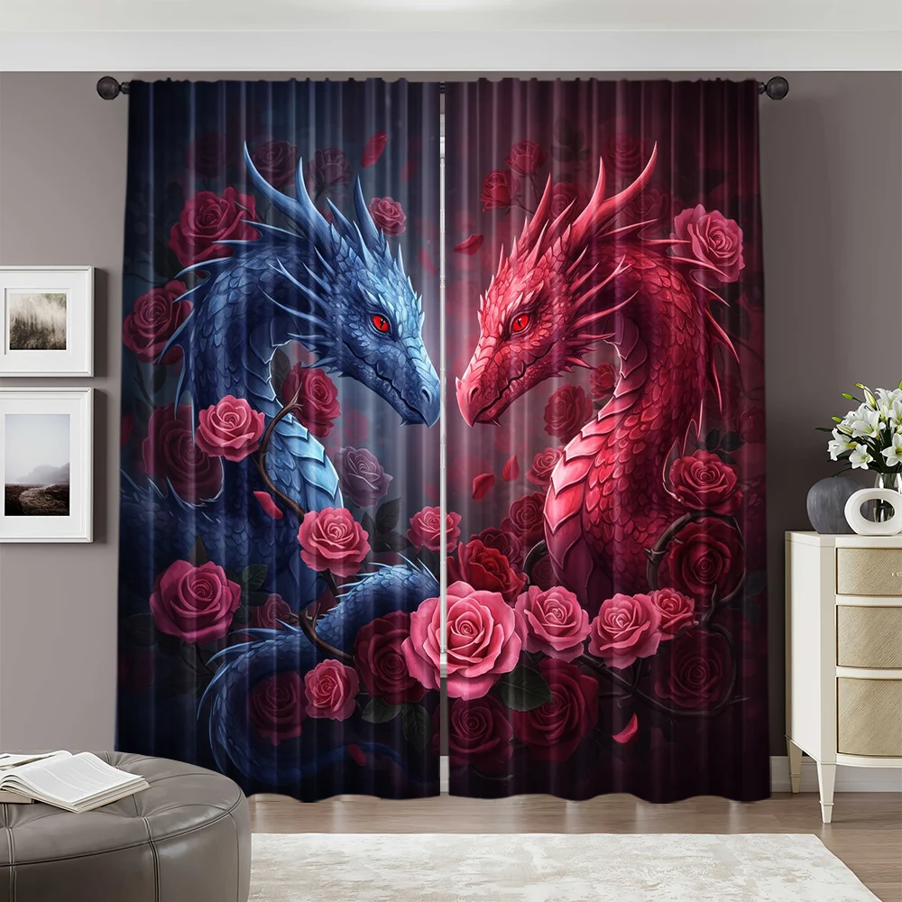 2pcs, spring summer Curtains Pink Dragon Rose Art Digital Print Drapes Polyester Woven Outdoor Decorations Ldeal for Kitchen 2