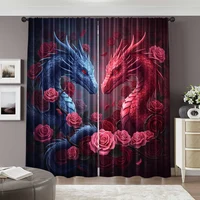 2pcs, spring summer Curtains Pink Dragon Rose Art Digital Print Drapes Polyester Woven Outdoor Decorations Ldeal for Kitchen 2