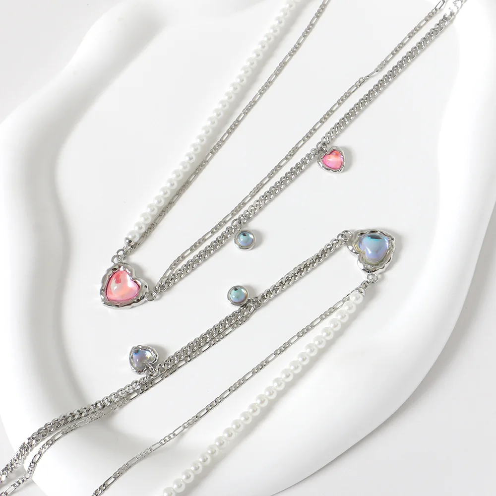 

Pearl Chain Crystal Moonstone Love Pendant Double layer Necklace Autumn and Winter Collar Chain Girl