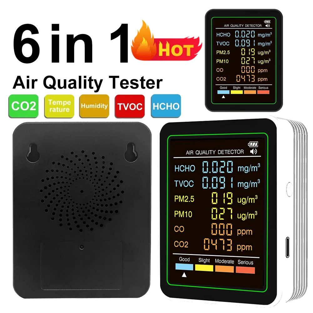 Multifunctional 6 in 1 Air Quality Detector Tester Temperature Humidity Meter TVOC PM2.5 PM10 CO CO2 Household
