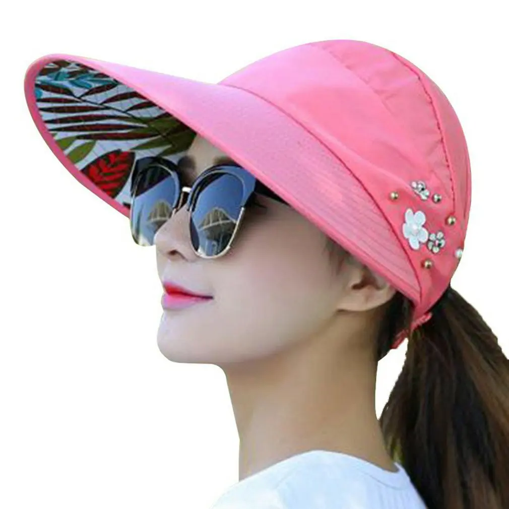 Dihope New Arrival UV Protection Women Summer Beach Sun Hats Pearl Packable Sun Visor Hat With Big Heads Wide Brim Female Cap