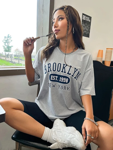 Camisetas de algodón de moda coreana para mujer, camiseta con letras  impresas de Brooklyn Nueva York, Tops sueltos informales, ropa de calle Hip  Hop para mujer - AliExpress