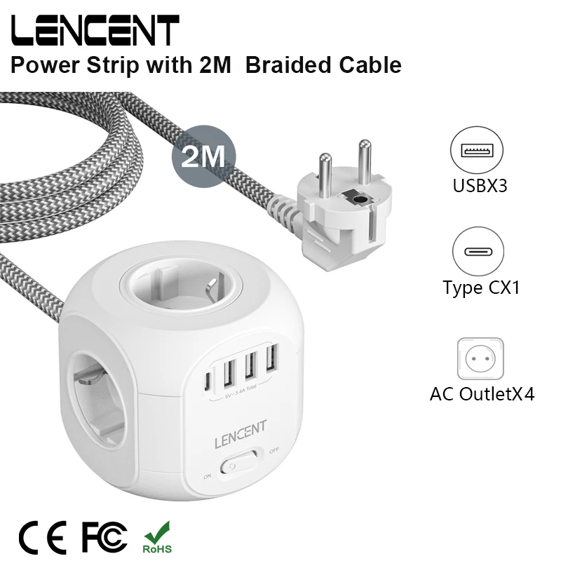 LENCENT Power Strip with 4 AC Outlets 3 USB Port 1 Type C 2M Braided Cable Multi Socket Extender with Switch for Home Office BEST SELLERS