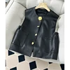 Spring Autumn New High-End Temperament Light Luxury Leather Vest Fashion Design Solid Color Cardigan Jacket Women's Vest Coat 1