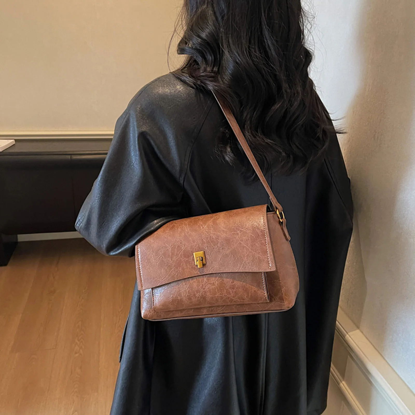 Women Girls PU Leather Underarm Shoulder Bag Adjustable Strap Solid Color Shoulder Bag One Shoulder Armpit Bag for Work Travel