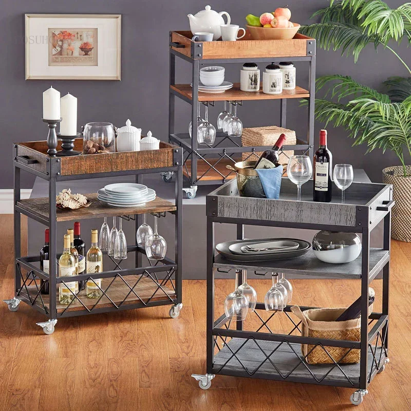 Solid Wood Living Room Villa Kitchen Islands Creative Coffee Shop Restaurant Trolleys Cart Retro Apartment Storage Cabinets y