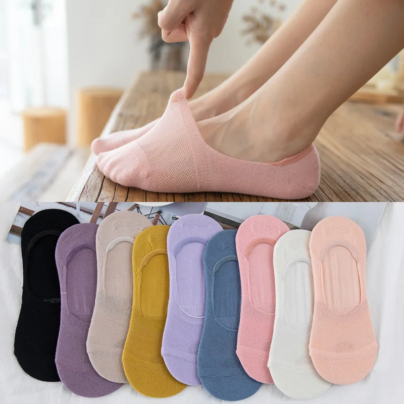 

Summer Ladies Mesh Silicone Non-slip Invisible Socks Summer Solid Color Mesh Low-top Boat Socks Women's Cotton Non-slip Slippers