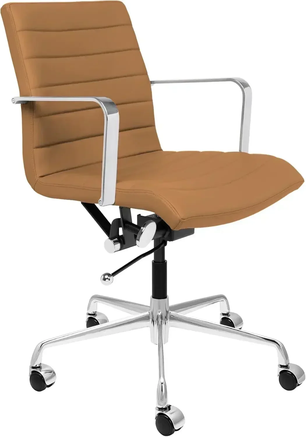 "ergonomic mid-back swivel office chair with ribbed design and faux leather upholstery"