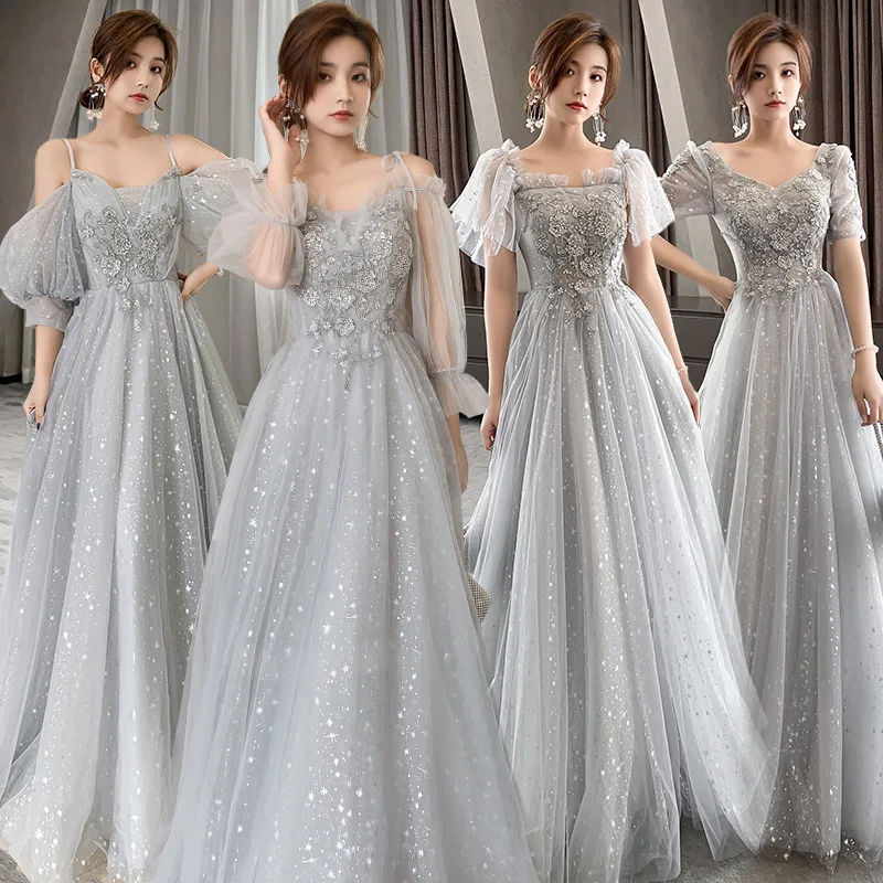 Vestido De Dama De Honor Para Jóvenes Con Escote En Los Hombros Gris Acero main image 1