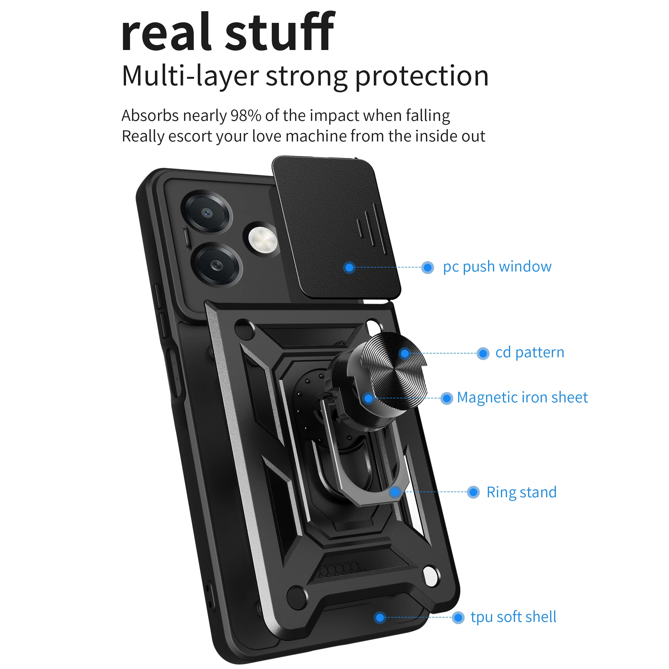 Kickstand Armor Case with Lens Protection and Magnetic Holder - Durable Cover with Kickstand and Lens Protection