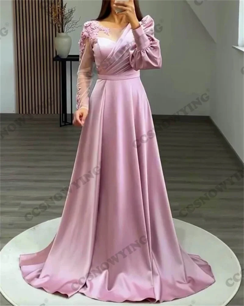 

Elegant Appliques Beaded Muslim Evening Dresses Long Sleeve Islamic Formal Party Gowns Round Neck Women Arabic Robes De Soirée