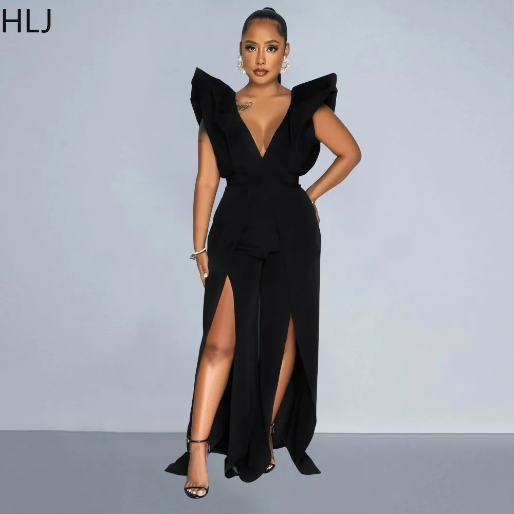 HLJ Fashion Ruffles Deep V Backless Wide Leg Pants Jumpsuits Women Sleeveless Ruched Slit Playsuits Casual Solid Clothes Overall