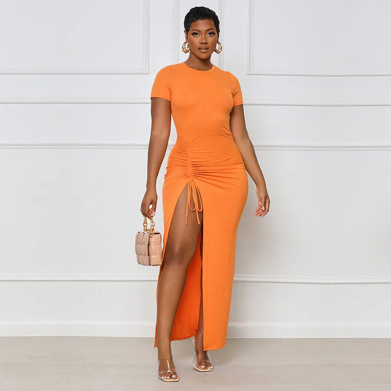 

African T-shirt Dress Women Fashion Drawstring Side Slit Long Tee Dress Summer Short Sleeve Slim Robe Streetwear Ankara African