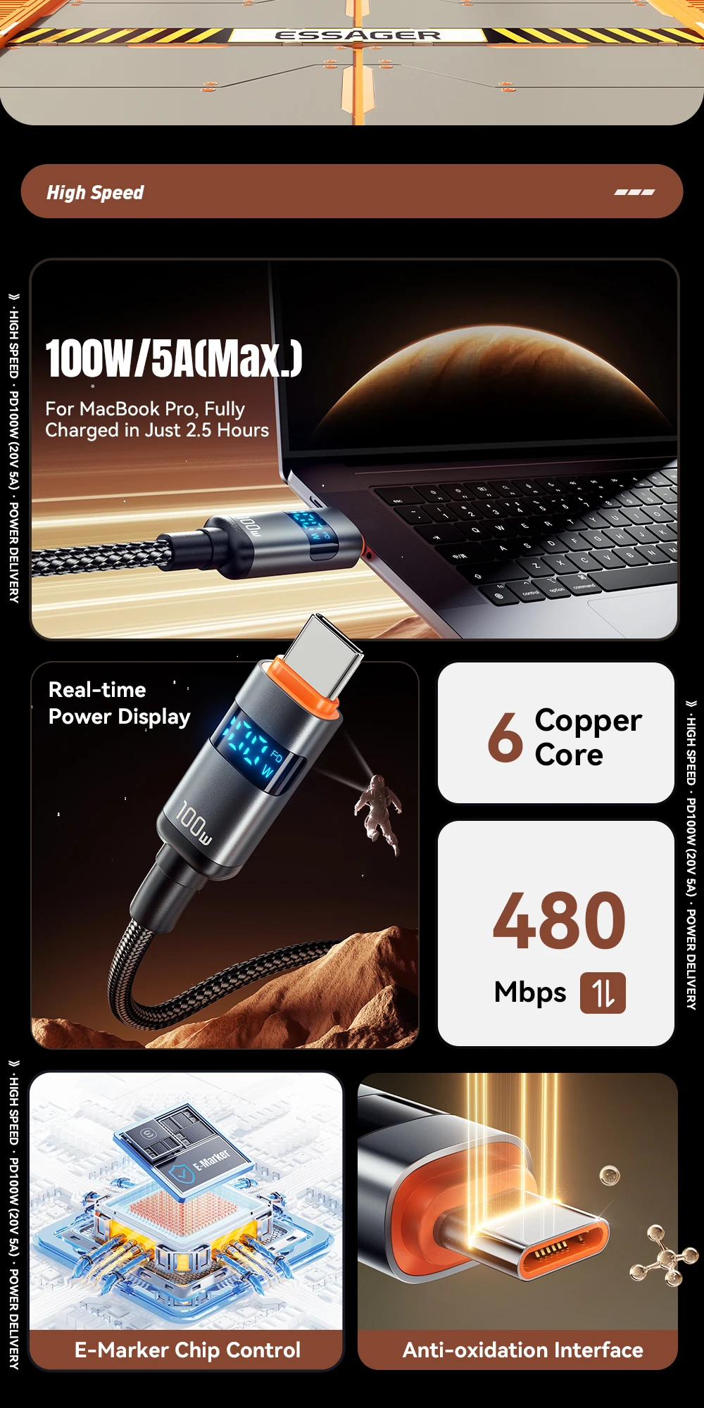 Essager Typ-C zu Typ-C Kabel 100W PD Schnellladekabel USB zu Typ-C Displaykabel für Xiaomi 14 MacBook Pro iPad Samsung – Detail 2