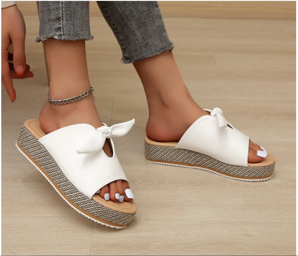 

2023 Women's Bowknot Casual Summer Slippers Women's Fashion New Comfortable Slippers Women's Open Toe Sewing Non slip Flat Shoes