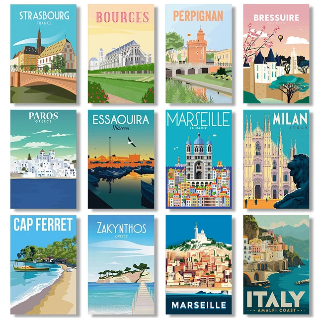 Affiche de voyage France, Paris, Marseille, Milan, italie, peinture sur  toile, grèce, Art mural, décoration de