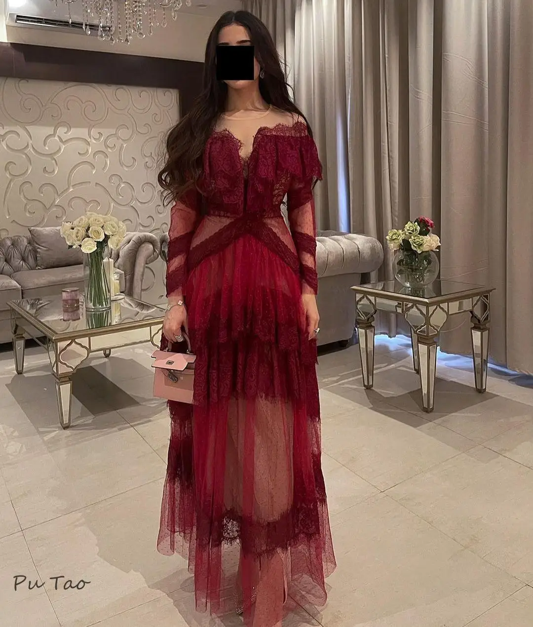 

Putao Daudi Prom Dresses Long Sleeves Lace Tulle Tiered Burgundy Party Saudi Arabia Women Wear Special Banquet Evening Gowns