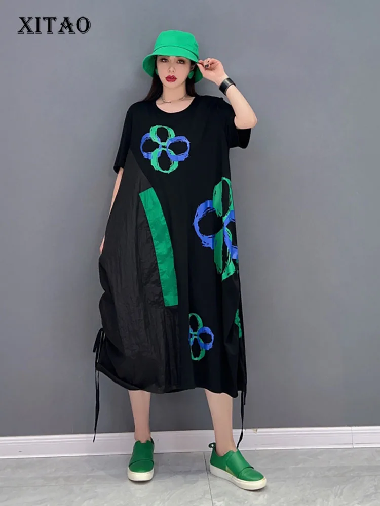 

XITAO Print Pattern Dress Fashion Patchwork Small Fresh Casual Pullover Goddess Fan Casual Style Loose Summer Dress WLD6862