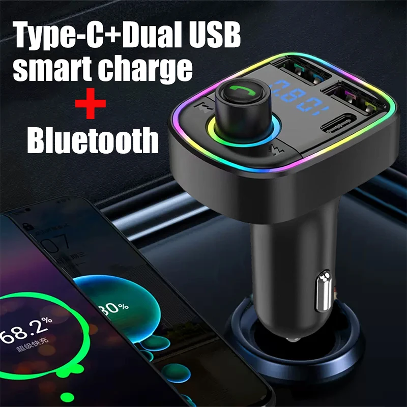 

Car Bluetooth 5.2 FM Transmitter Hands-free Call Dual USB PD Type-C FM Fast Charging Colorful Ambient Light Charger Player