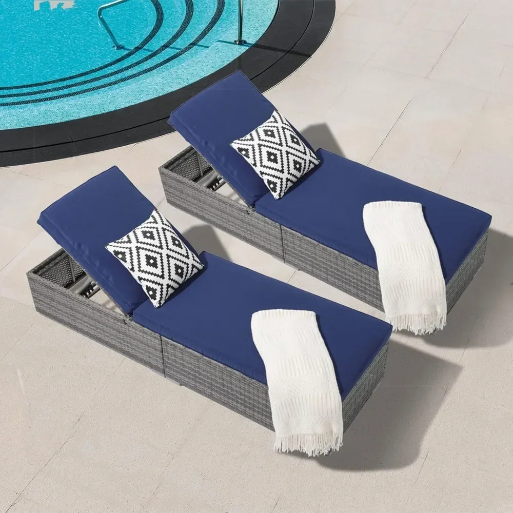 Outdoor Chaise Lounge Chair, Pool Rattan Chaise Lounge Chair with Navy Blue Cushion, Grey PE Wicker, Steel Frame, Set of 2 4