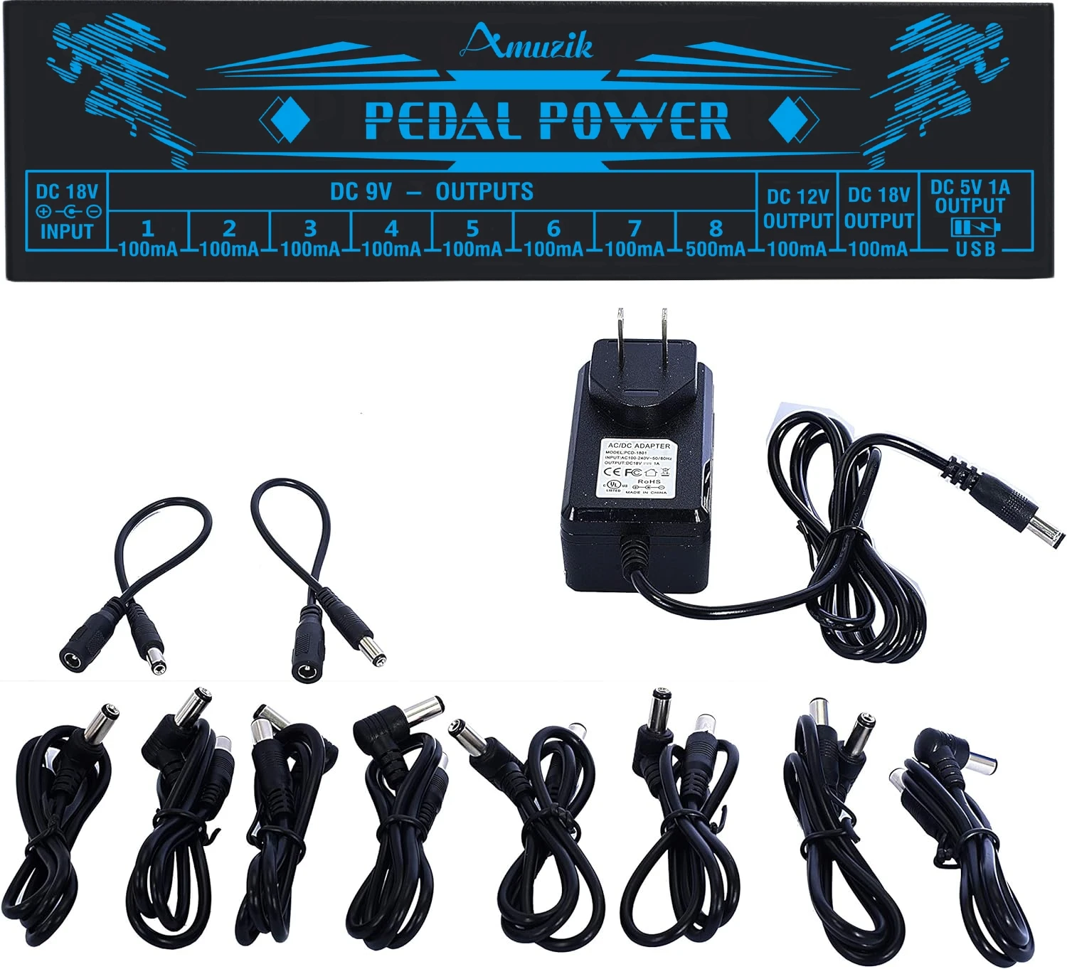 Amuzik Guitar Effector Pedal Power Supply 10 Isolated DC Output 9V 12V 18V Source Effect Pedalboard USB Port cellphone