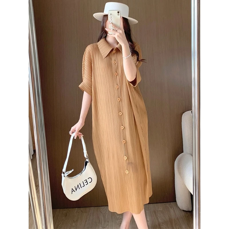 

Pleated Dress, Loose Oversized Slimming and Flesh Blocking POLO Collar Casual Lazy Style Long Skirt, Women's Summer New 2024