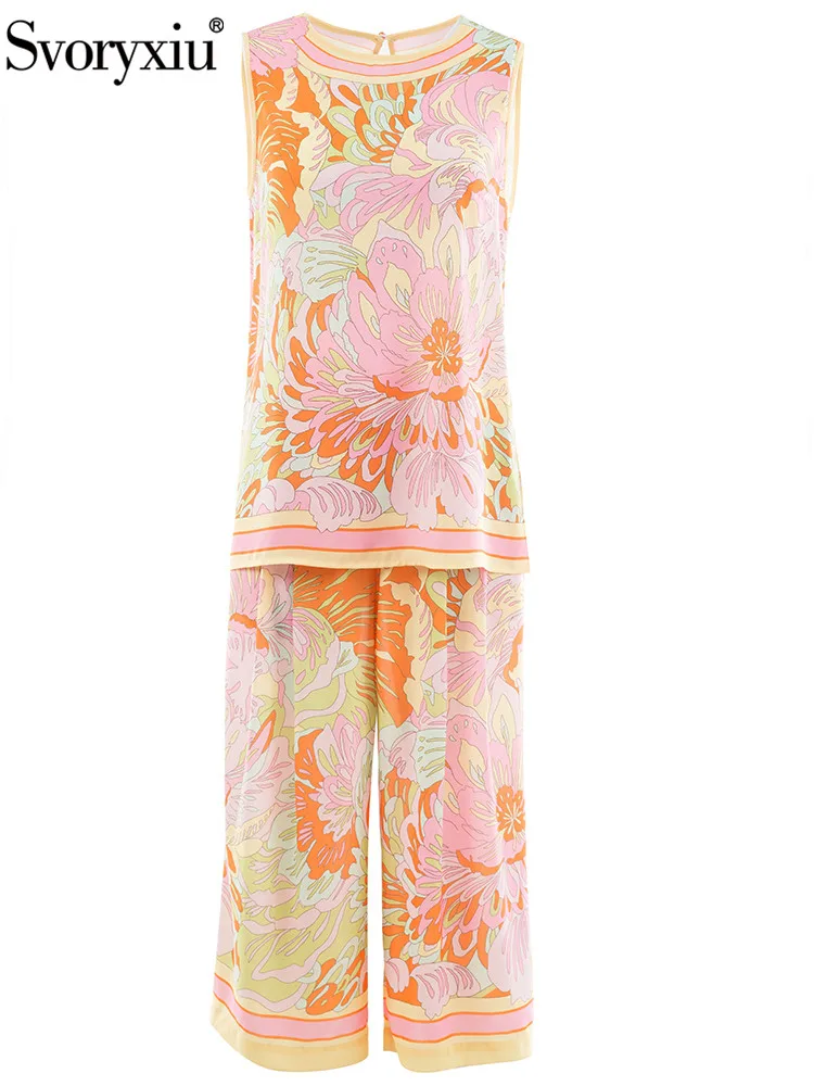

Женский костюм с брюками Svoryxiu, разноцветный костюм из двух предметов: Свободный Топ без рукавов с принтом и длинные брюки с высокой талией на лето 2019