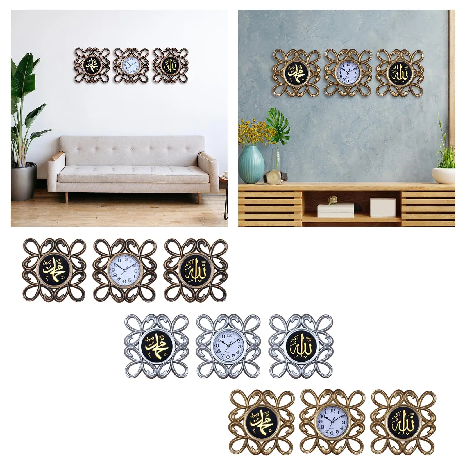 3 Pieces Islamic Decor Wall Hanging Clock Decorative Clock Plastic and Glass for Housewarming Gift Multifunctional Lightweight