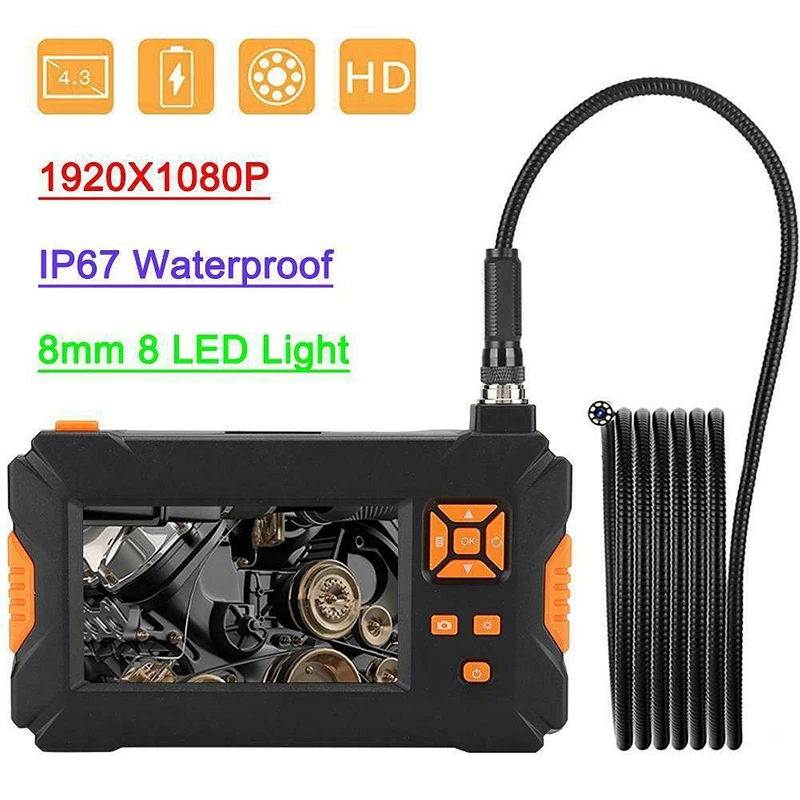 

4.3 Inch HD 1080P 16.4Ft 8LED 8Mm Endoscope Camera Borescope Inspection Wifi IP67 Waterproof Car Repair Inspection