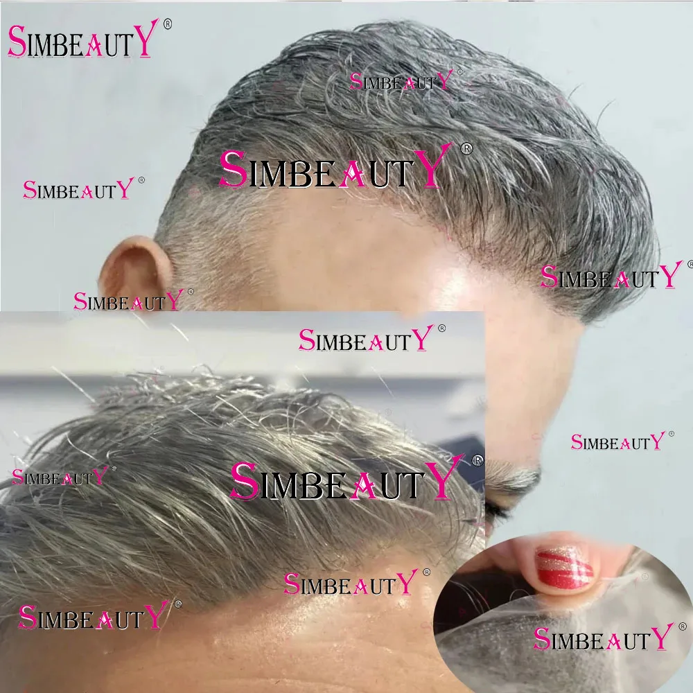 Super Thin Skin 0.02mm Silicon Grey Black Men Toupee 100% Human Hair Natural Hairline Man Wig Transparent Pu Replacement System