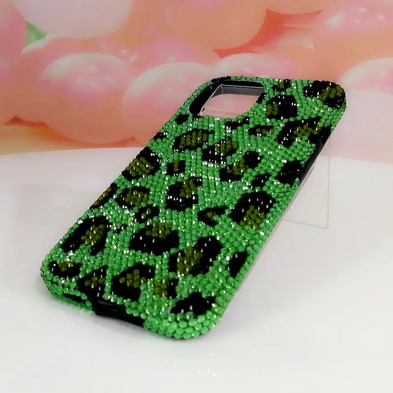 Bing Bing Green Leopard Print Rhinestone Phone Protective Case for iPhone11 121314 15pro Max Xs Xr Phone Case Rhinestone