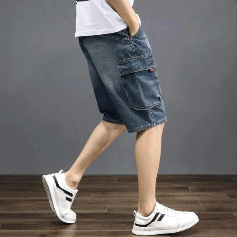 Long Knee Length Cargo Man Denim Shorts with Pockets Half Short Jeans Pants for Men Bermuda Distressed Xl Retro Buttons Thin Cut